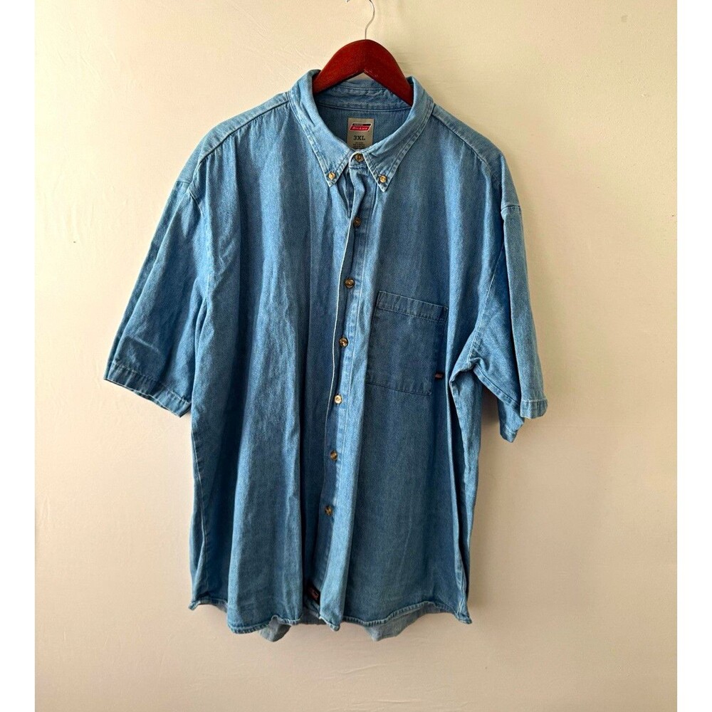 Dickies Men’s 3XL Denim Button-Down Shirt Blue Cotton Short Sleeve Pockets